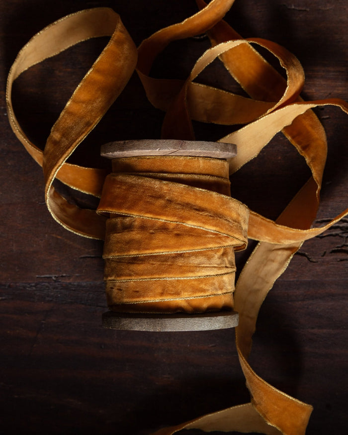 Gold-Edged Velvet Ribbon on Wood Spool - Lone Fox