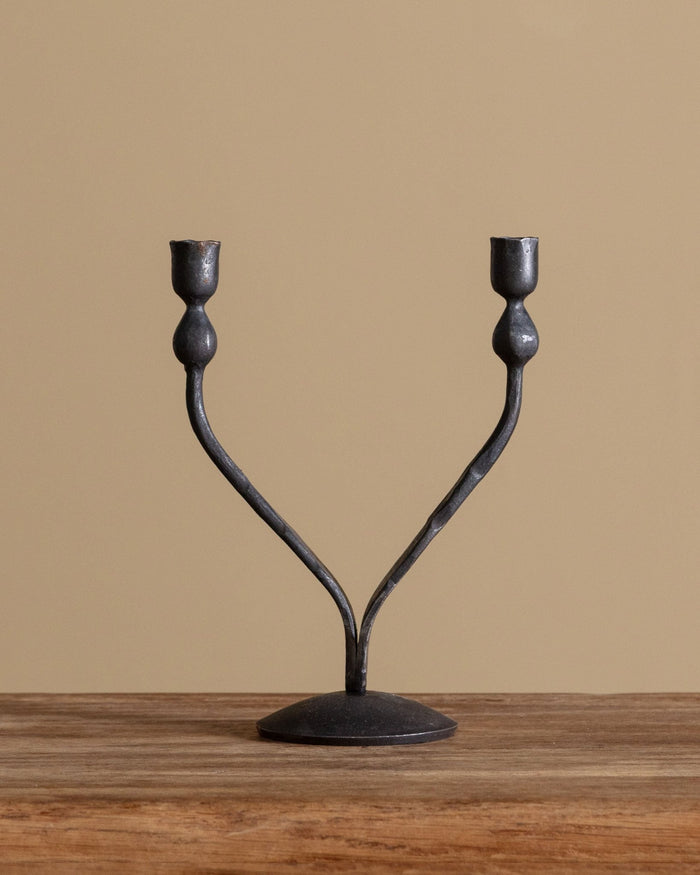Hand Forged 2 Arm Iron Taper Candle Holder - Lone Fox