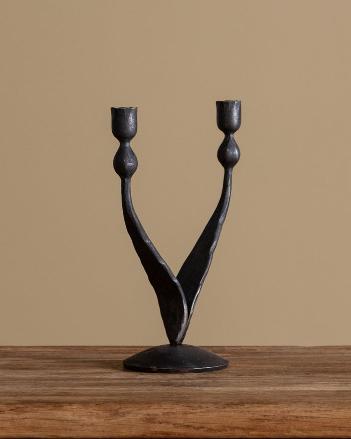 Hand Forged 2 Arm Iron Taper Candle Holder - Lone Fox