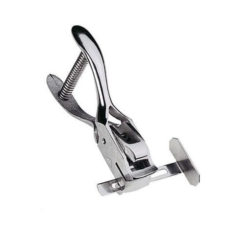 A Hand-Held Slot Punch with Adjustable Guide (3943-1010) with a handle and a flat clamping surface, designed for securing or holding objects together, also includes an adjustable guide perfect for precise tasks.