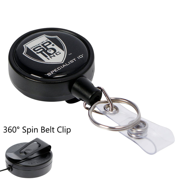 A Heavy Duty Badge Reel w/ Metal Swivel Belt Clip & Key Ring, featuring a clear plastic strap and retractable reel for convenience. It includes a 360° metal swivel belt clip for attaching to belts or pockets.