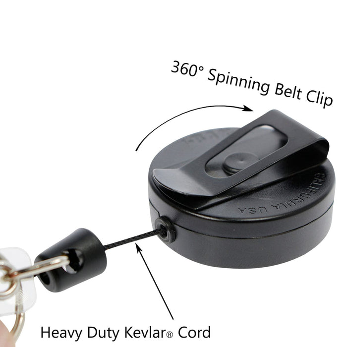 Heavy Duty Badge Reel w/ Metal Swivel Belt Clip & Key Ring with a 360-degree spinning metal swivel belt clip and a heavy-duty Kevlar cord. Arrows highlight these features. Sold by Specialist ID.