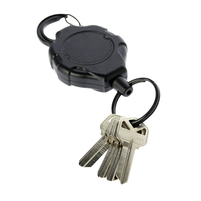 A Heavy Duty Retractable Ratchit Keychain Tether Reel for Multiple Keys with Clip and Locking Feature with a black plastic housing attached to a ring holding five silver keys, featuring a heavy-duty key reel.