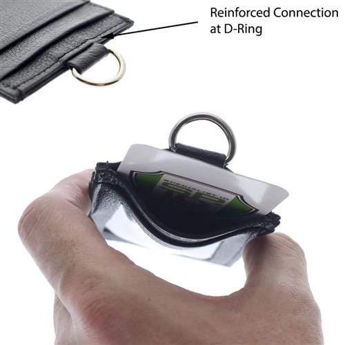 A person holds a black leather card wallet with a metal D-ring attachment and visible cards inside. Text indicates a reinforced connection at the D-ring, showcasing the durability of this Heavy Duty Union Made Genuine Leather ID Badge Holder Wallet & Lanyard (SPID-9590-BLACK).