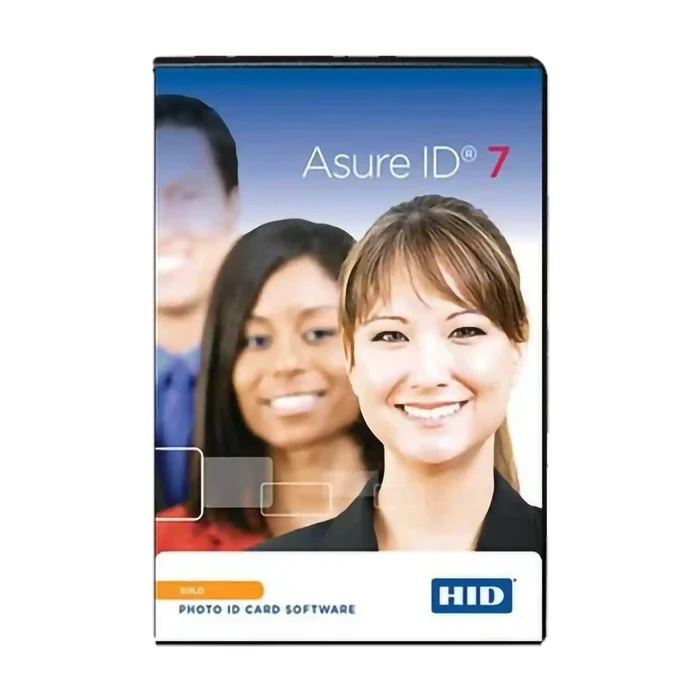 Box cover for "HID Asure ID Solo 7 Entry-Level ID Card Software - 86511" featuring the image of three smiling individuals. Sold by Specialist ID.