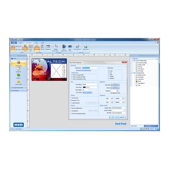 A computer screen displaying HID Asure ID Solo 7 Entry-Level ID Card Software - 86511 (Digital Download) shows card personalization software with a sample photo ID and various configuration options.