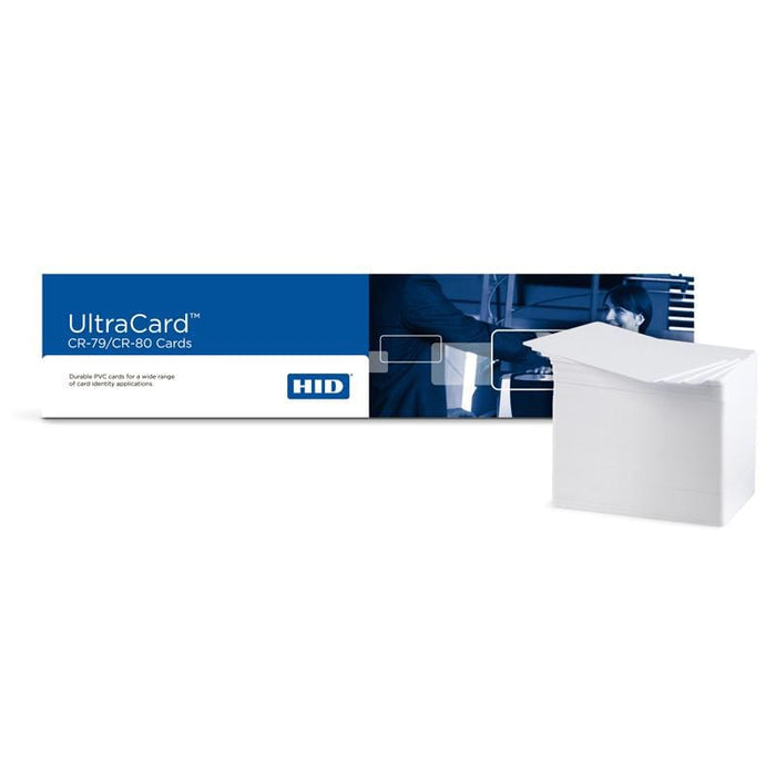 A stack of blank Fargo 81759 UltraCard 10 mil PVC Cards - Adhesive Back CR-79, Pack of 500 is shown in front of their packaging, which is white and blue with the HID logo. These high-quality PVC Cards with adhesive-backing ensure seamless integration into your ID solutions.