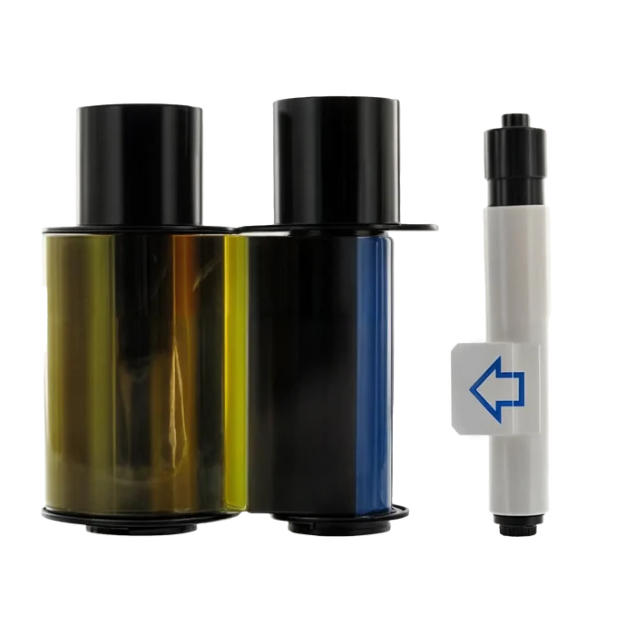 A photo of two black cylindrical objects, one featuring yellow and black sections and the other with blue and black sections, alongside a white pen-like object marked with a blue arrow symbol. The arrangement appears to be components related to ID card printers, likely incorporating the HID Fargo 45015 YMCKO Color Ribbon for 250 prints, specifically designed for C30, DTC1000, and DTC1250e card printers.