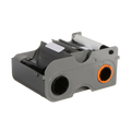 Image shows a grey plastic Fargo 45101 Monochrome Black Ribbon - 1000 Prints, Compatible with C50, DTC1000, DTC1000M, DTC1000Me, DTC1250e, DTC4000, DTC4250e Card Printers cartridge with an orange ring around one spool and a black ribbon partially extended, ideal for ID card printers.