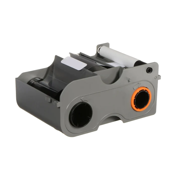 Image shows a grey plastic Fargo 45101 Monochrome Black Ribbon - 1000 Prints, Compatible with C50, DTC1000, DTC1000M, DTC1000Me, DTC1250e, DTC4000, DTC4250e Card Printers cartridge with an orange ring around one spool and a black ribbon partially extended, ideal for ID card printers.