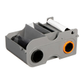 A gray plastic cartridge with compartments houses a visible orange and black roll, designed for use in Fargo ID card printers. This Fargo 45102 Black Monochrome Ribbon - 1000 Prints cartridge delivers up to 1000 prints per roll.