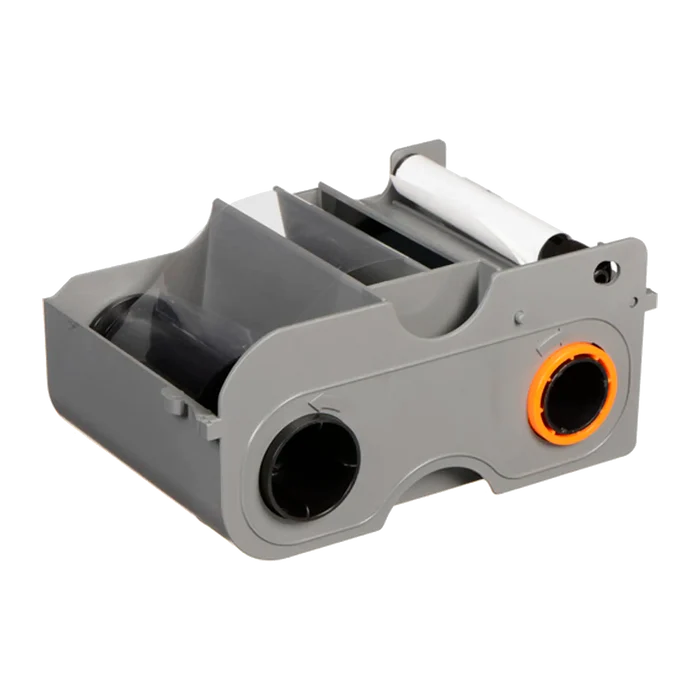 A gray plastic cartridge with compartments houses a visible orange and black roll, designed for use in Fargo ID card printers. This Fargo 45102 Black Monochrome Ribbon - 1000 Prints cartridge delivers up to 1000 prints per roll.