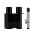 A black twin-chamber water filter cartridge is shown beside a white and black inline filter, both featuring a compact design similar to the HID Fargo 45117 Standard Monochrome Black Ribbon Refill for C50, DTC1000 series ID card printers (1000 prints).
