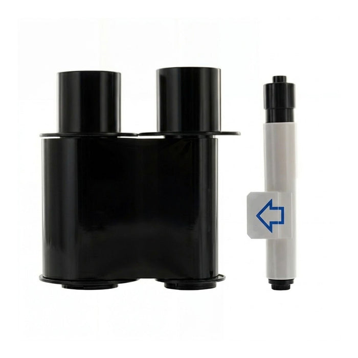 A black twin-chamber water filter cartridge is shown beside a white and black inline filter, both featuring a compact design similar to the HID Fargo 45117 Standard Monochrome Black Ribbon Refill for C50, DTC1000 series ID card printers (1000 prints).
