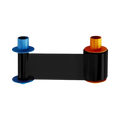 The HID FARGO 45201 Monochrome Ribbon, compatible with DTC4500 and DTC4500e ID card printers and yielding up to 3,000 prints, features blue and orange end caps and is unwound between two spools on a white background.