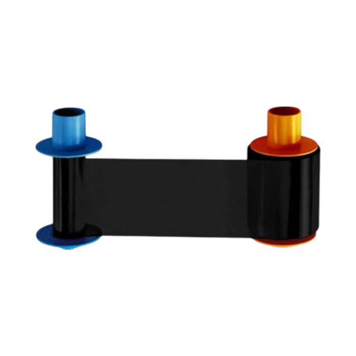 The HID FARGO 45201 Monochrome Ribbon, compatible with DTC4500 and DTC4500e ID card printers and yielding up to 3,000 prints, features blue and orange end caps and is unwound between two spools on a white background.