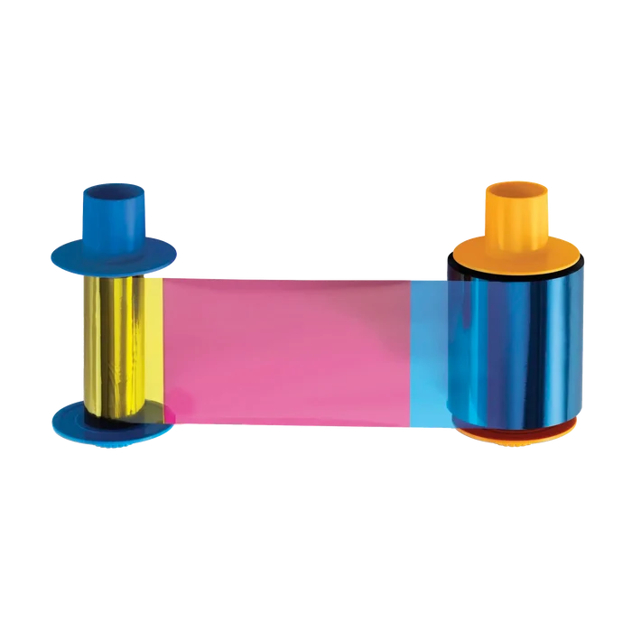 HID Fargo 045610 YMCKO Color Ribbon with unrolled blue, yellow, magenta, and black film panels clearly visible across the spool. Designed for 500 full-color prints. Sold by Specialist ID, an authorized Fargo dealer.