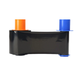 The HID Fargo 45616 Monochrome Black Ribbon, featuring orange and blue ends on a white background and compatible with DTC1500 printers, is designed to produce high-quality ID cards, with a capacity of 3000 prints.