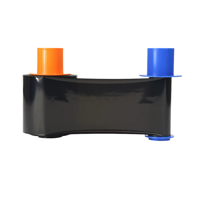 The HID Fargo 45616 Monochrome Black Ribbon, featuring orange and blue ends on a white background and compatible with DTC1500 printers, is designed to produce high-quality ID cards, with a capacity of 3000 prints.