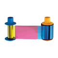 A HID Fargo 045710 YMCKOK Color Ribbon - 500 Prints, featuring blue, yellow, and pink segments on two plastic spools, is isolated against a white background—specifically designed for use with the DTC5500LMX ID card printer.