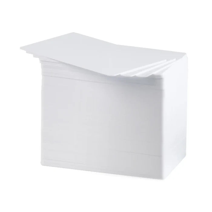 Fanned stack of HID FARGO 81754 blank white PVC cards