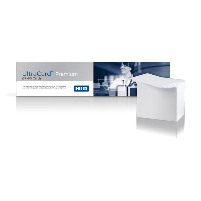 Box of HID FARGO 82136 UltraCard Premium Composite Cards - 500 Per Box, with an image on the packaging showing a person holding these CR-80, 30 mil composite polyester material cards.