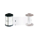 A roll of Fargo 82600 Overlaminate - 250 Prints, Compatible with Fargo DTC4500, DTC4500e ID Card Printers, showing a mostly empty central label strip, ideal for producing professional ID cards.