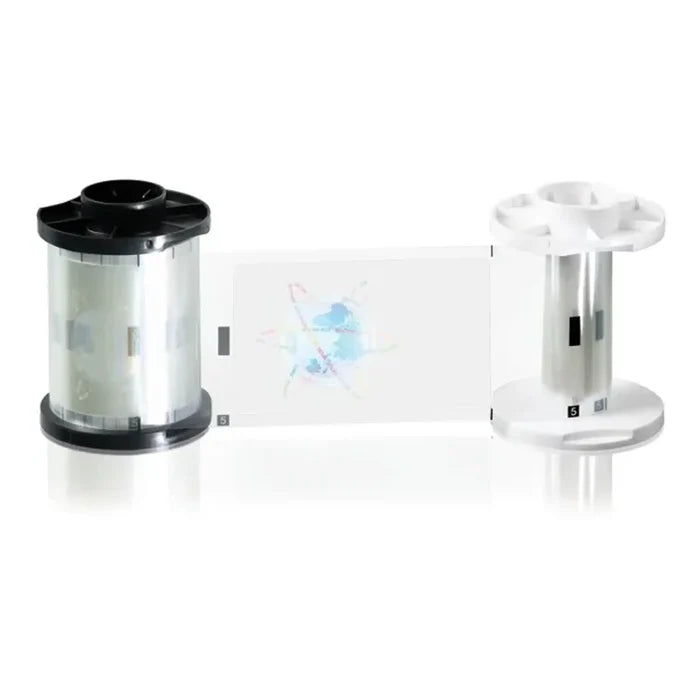 HID Fargo holographic retransfer film ribbon with visible security overlay pattern featuring a globe and atomic ring design, displayed on white background with full spool ends shown. Ideal for high-security ID card lamination.
Sold by Specialist ID, an authorized Fargo dealer.
