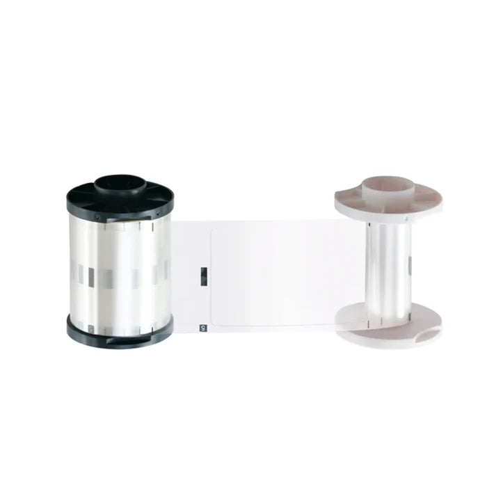 A clear ribbon cartridge with a left-side cutout for smart chips, compatible with HID FARGO Overlaminate systems, is showcased against a plain background—perfect for use in ID card printers.