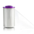 A roll of clear plastic wrap with a purple top is standing on a reflective white surface, reminiscent of the durable material used in Fargo 82700 1.0 mil PolyGuard Laminate - 1000 Prints for ID card printers.
