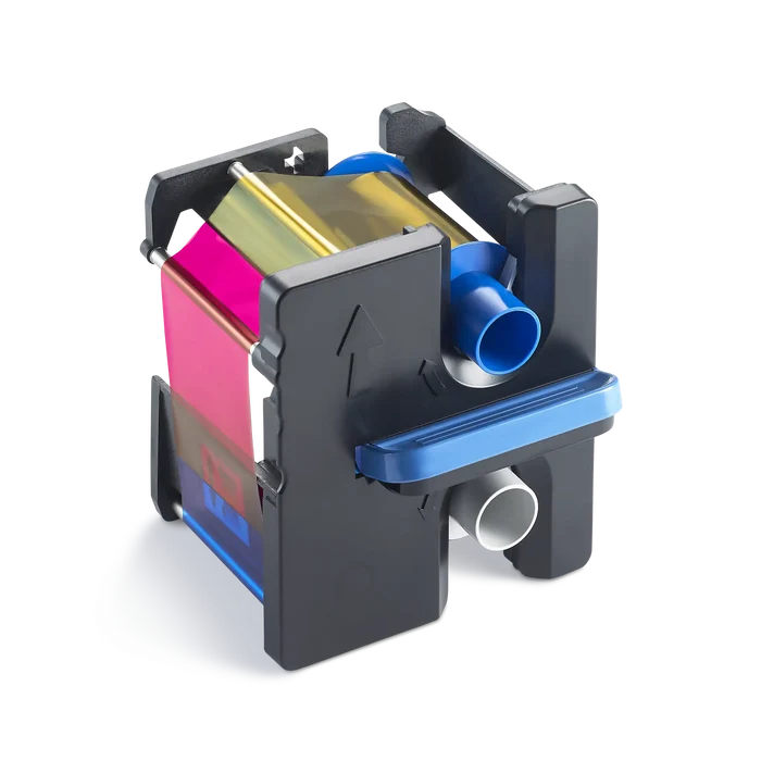 A Fargo 84511 YMCK Color Ribbon, designed for full-color printing with labeled sections and a film roll attached, is perfect for HDP5600 and HDP5000 ID card printers, providing up to 500 prints. Sold by Specialist ID