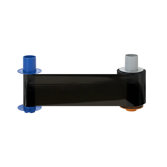 The HID FARGO 84518 Premium Black Monochrome Ribbon, designed for up to 3000 prints and compatible with HDP5000e, HDP5000, and HDP5600 card printers, features a sleek design with its black color and two cylindrical plastic ends—one blue and one gray—set against a clean white background.
