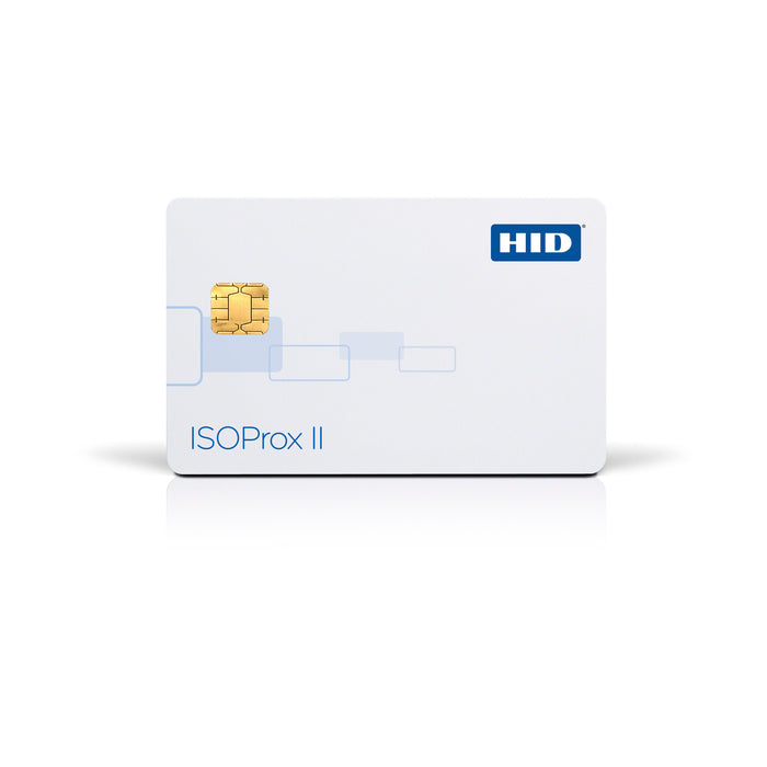 A HID ISOProx II 1386 Proximity Card, Printable (Programmed), featuring a white design with a gold chip on the left side and blue branding on the top right, is displayed against a white background. This 125 kHz access card provides secure and customizable entry solutions while allowing for personalized printing.