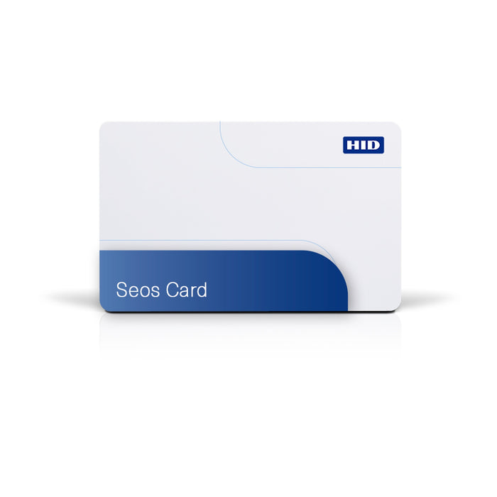 HID Seos 500 white contactless smart card with a dark blue band reading Seos Card