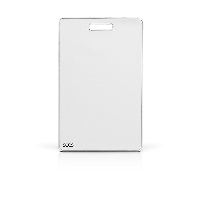 HID Seos 565 white clamshell contactless smart card with a vertical slot punch and the seos logo