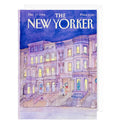 An illustrated New Yorker Magazine cover on a greeting card. The cover depicts brownstones with wreaths on the doors and a Christmas tree in the window.