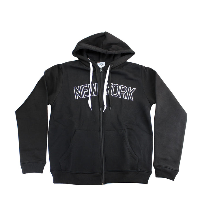 This is a black zip front hoodie made from soft cotton/polyester blend fabric. Across the upper front, the words “NEW YORK” appear in large black letters outlined in white, stretching horizontally across the chest and standing out through contrast and texture. The hoodie fastens with a front zipper and includes flat white drawstrings at the hood. The sleeves and bottom edge have snug, banded cuffs for a comfortable fit.