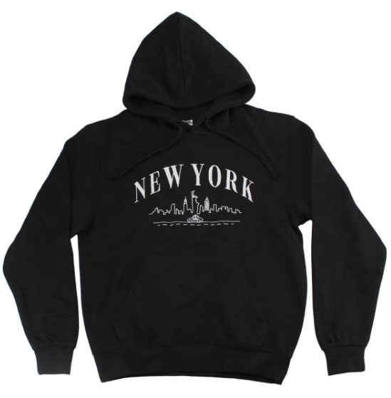 Front-facing black pullover hoodie laid flat against a white background, featuring a kangaroo pocket and matching drawstrings. Across the chest, “NEW YORK” appears in bold white Times Roman-style lettering, with the lower half of the text blending into a detailed white New York City skyline. Beneath the skyline, a white outline of a taxi rides along a horizontal line with dashed lane markings, evoking a classic New York street scene.