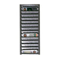 A vertical, all-metal mail sorter with several slots, holding magazines and papers. Some magazines are visibly labeled with company names and logos. This sleek organizer could easily double as a Horizontal ID Badge Rack 3905-0100 for versatile office use.