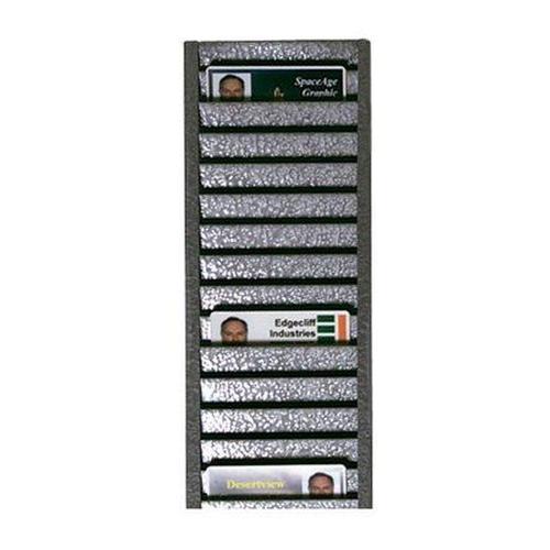 A vertical, all-metal mail sorter with several slots, holding magazines and papers. Some magazines are visibly labeled with company names and logos. This sleek organizer could easily double as a Horizontal ID Badge Rack 3905-0100 for versatile office use.
