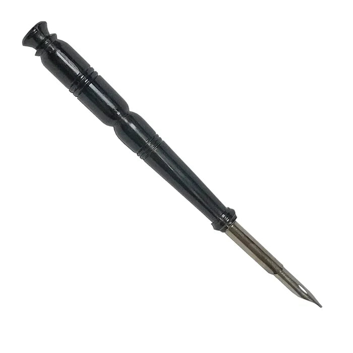 A vintage style dip pen approximately 7 inches long with a handle made from turned black ox horn. The horn is smooth and slightly contoured, with natural variations in color and pattern that make each pen unique. A removable metal nib is fitted at the tip for dipping into ink, with no internal ink reservoir. The pen has a solid, balanced feel and evokes the look and function of historic Colonial era writing tools.