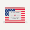 A board game box is shown against a plain white background. The box is decorated with a stylized American flag design in red, white, and blue. Centered on the front is the title, “How Well Do You Know America?”, printed prominently and clearly. The overall design is clean, bold, and immediately evokes a patriotic theme.