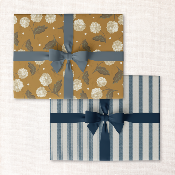 hydrangea + denim ticking double-sided wrap