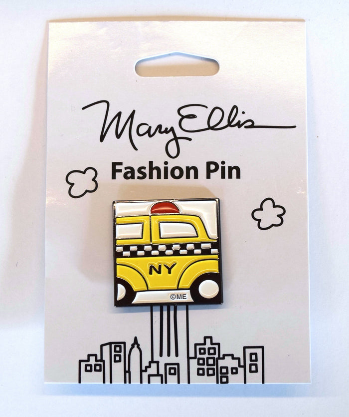 Yellow Cab Pin:
A cartoon‑like, graphic illustration showing a partial side view of a bright yellow checker cab. The cab features a red roof light, black tires, and white details for the window and tire hubs. Centered along the lower middle of the car is “NY” in bold black text. The pin is presented on clean white illustrated packaging, which keeps the focus on the vivid colors and simple, playful design.