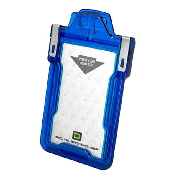 A blue plastic Identity Stronghold RFID Blocking Secure Badgeholder Classic - Holds 1 Card - Shields 13.56MHz Signal (IDSH1004-001B-002) features a clear front cover and a clip at the top, allowing a card to be inserted from the top. The text on the badgeholder reads "Insert Card from Top" and "Secure Badgeholder.