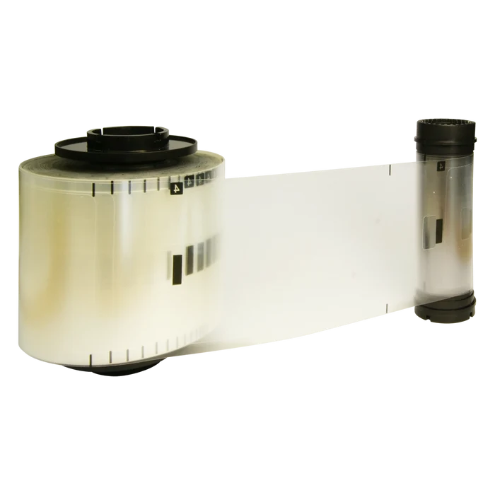 Two rolls of unprocessed film, one partially unwound, placed against a white background, reminiscent of the precision seen with IDP 653629 SMART-81 L Clear 1mil Patch Laminate Film (500 patches).
