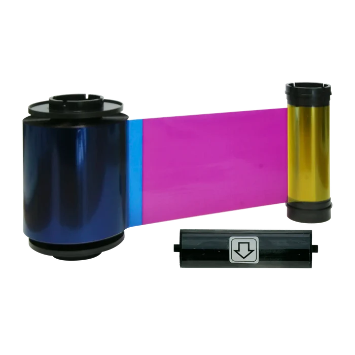 IDP 659111 YMCKO Color Ribbon with yellow, magenta, and blue sections alongside a black plastic component featuring a down arrow symbol. This high-quality ribbon ensures vibrant color prints and is perfect for the Smart-70 ID Card Printer.