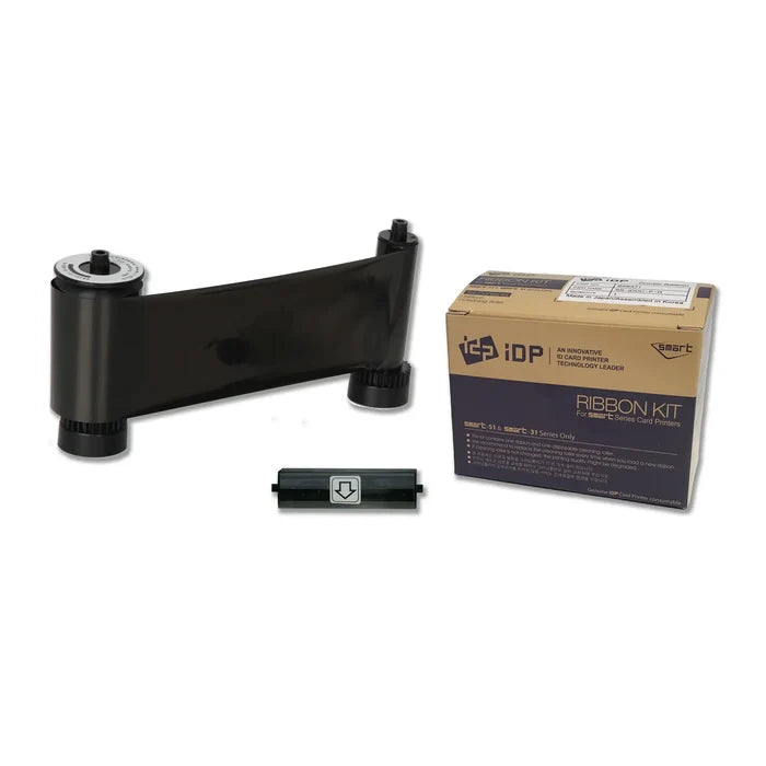A ribbon kit for Smart-51 ID card printers, including a black printer ribbon, cleaning roller, and packaging box labeled "IDP 659367 Monochrome Black Ribbon - 1200 Prints, Compatible with Smart-31 and Smart-51 ID Card Printers".