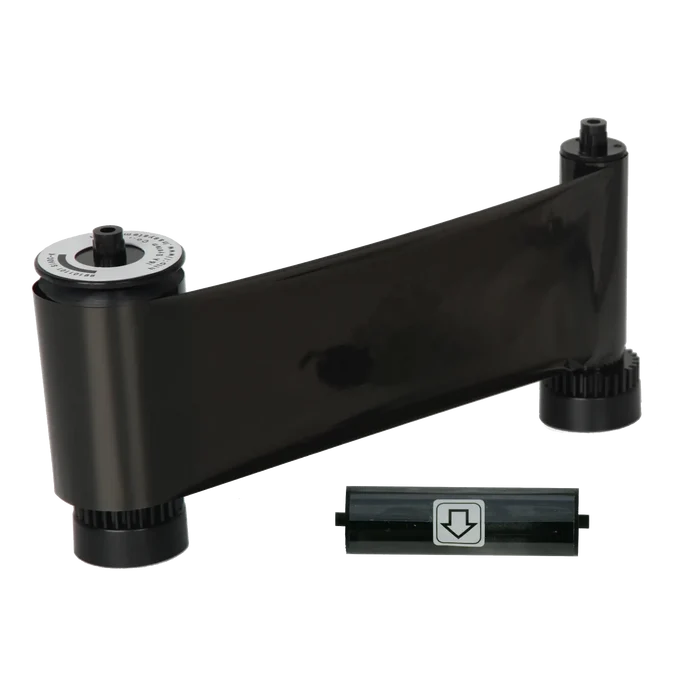 A IDP 659367 Monochrome Black Ribbon - 1200 Prints, Compatible with Smart-31 and Smart-51 ID Card Printers and an accompanying black component with a downward-pointing arrow symbol, compatible with Smart-51 ID card printers.