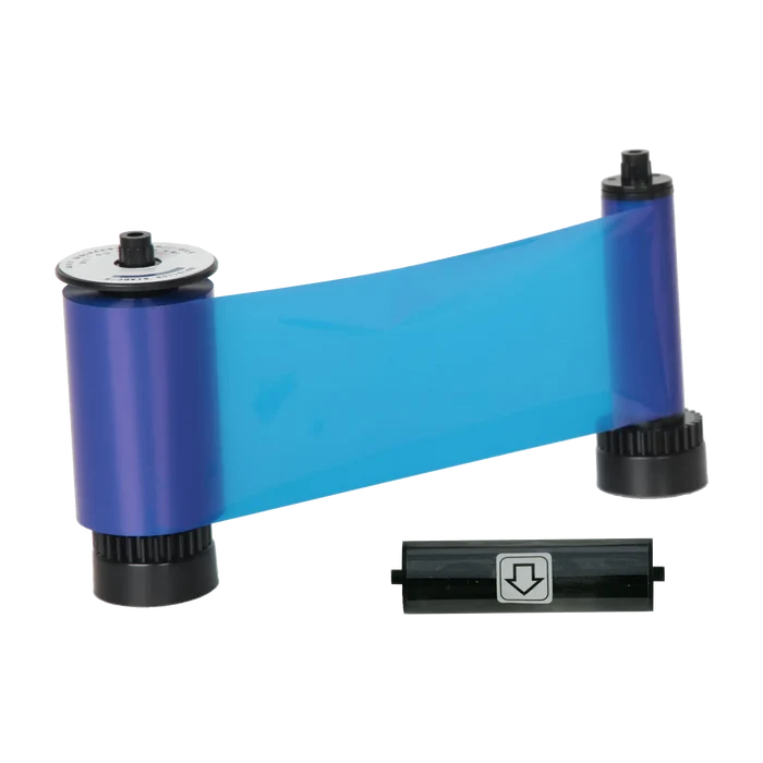 The IDP 659372 Blue Monochrome Resin Ribbon, designed for SMART-31 and SMART-51 ID card printers, includes two black spools and a black sensor strip with an arrow symbol, and supports up to 1200 prints.